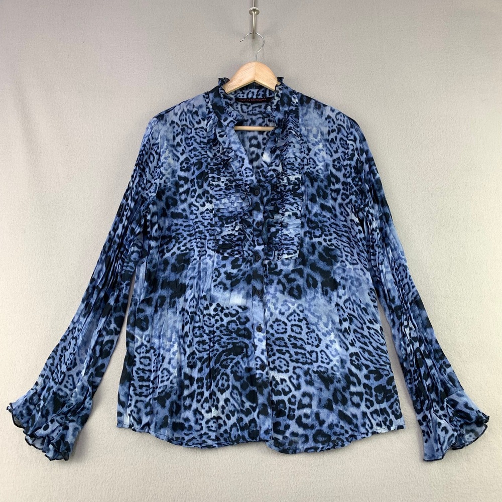 VTG Hayley Matthews Leopard Print Blouse Women M Blue Ruffle Trim Pleated